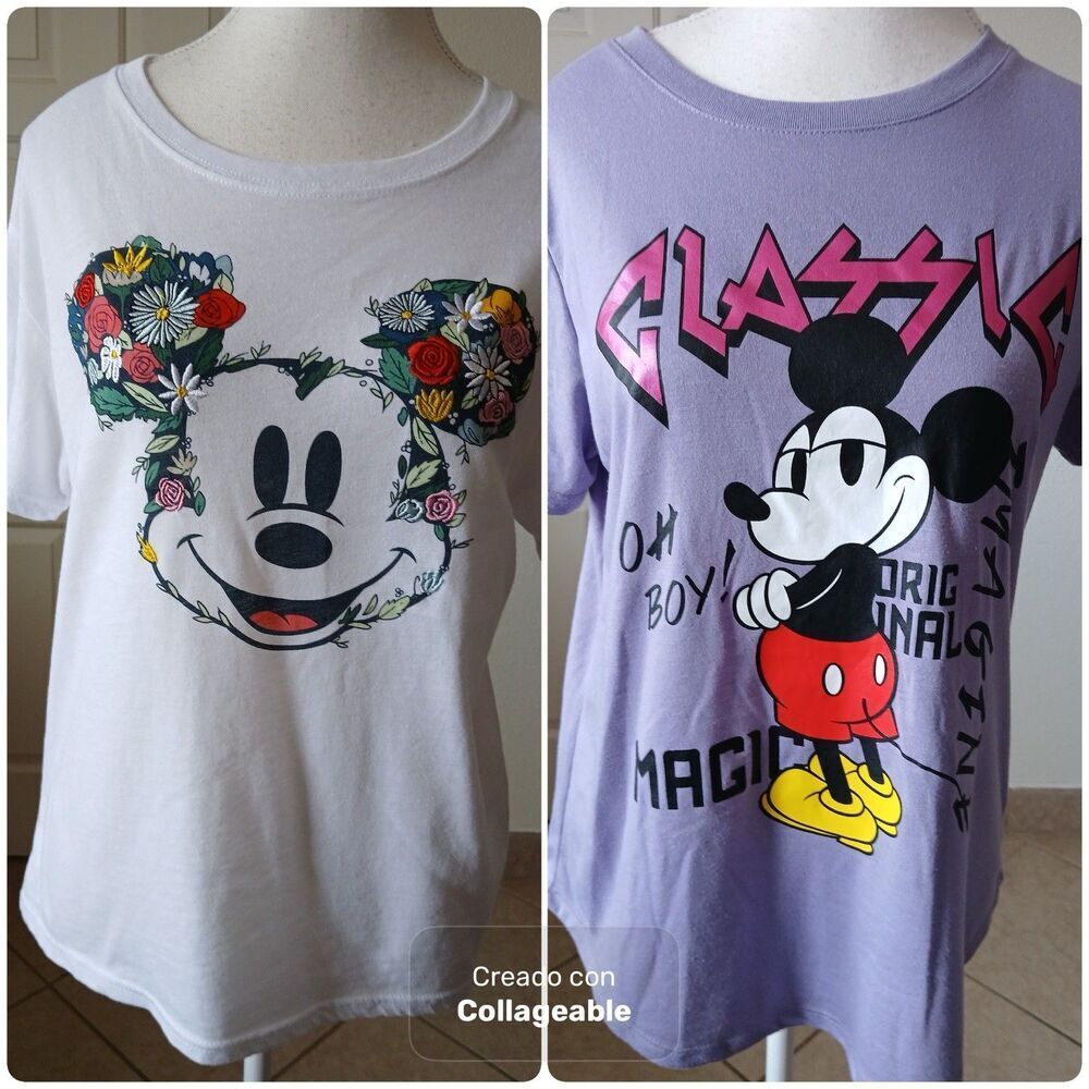 Set 2  T-shirt Disney Mickey Mouse Embroidered Floral White & Purple L 11/13)